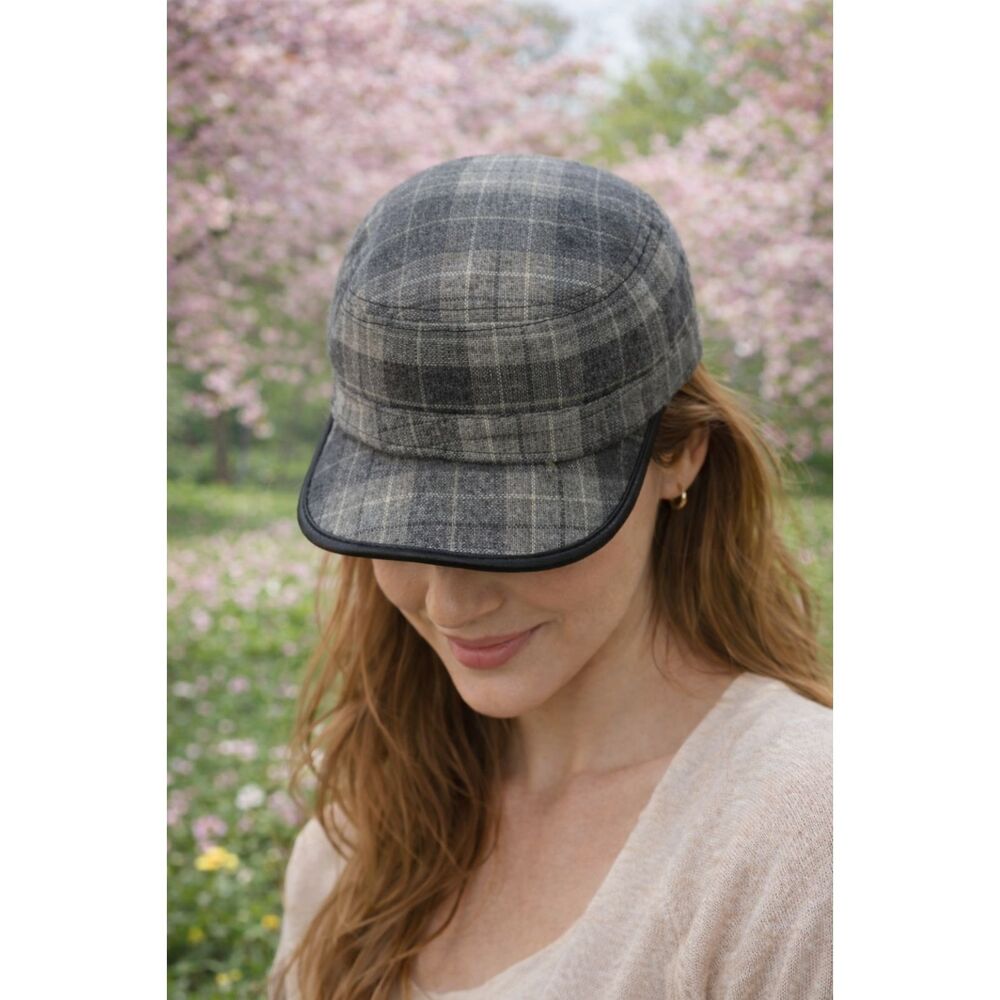 Pugs Women's Cadet Cap Hat Gray Plaid Wool Blend